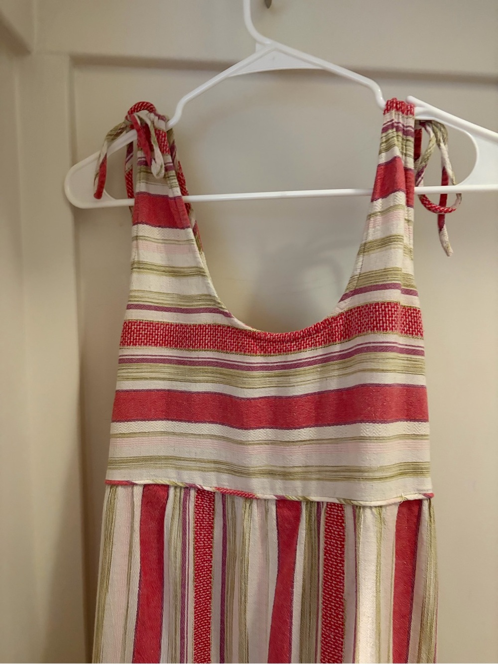 Faherty Pink, Cream & Olive Striped Tie-Shoulder Maxi Dress - Picture 5 of 7